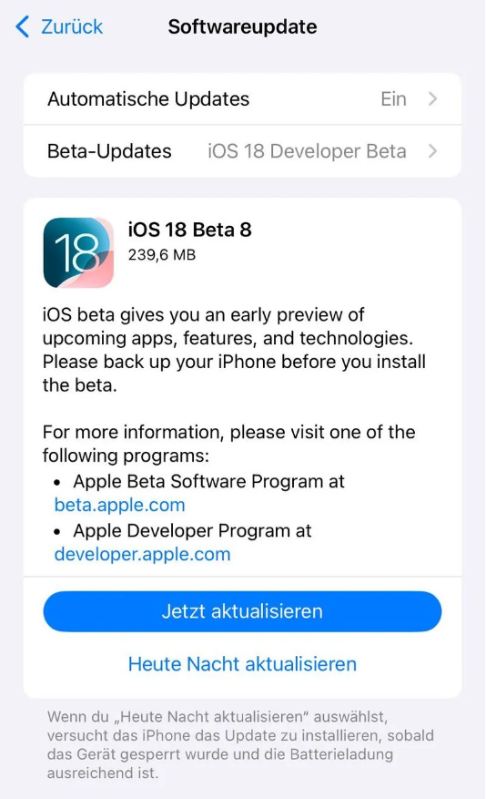 清水河苹果手机维修分享苹果 iOS / iPadOS 18 开发者预览版 Beta 8 发布 